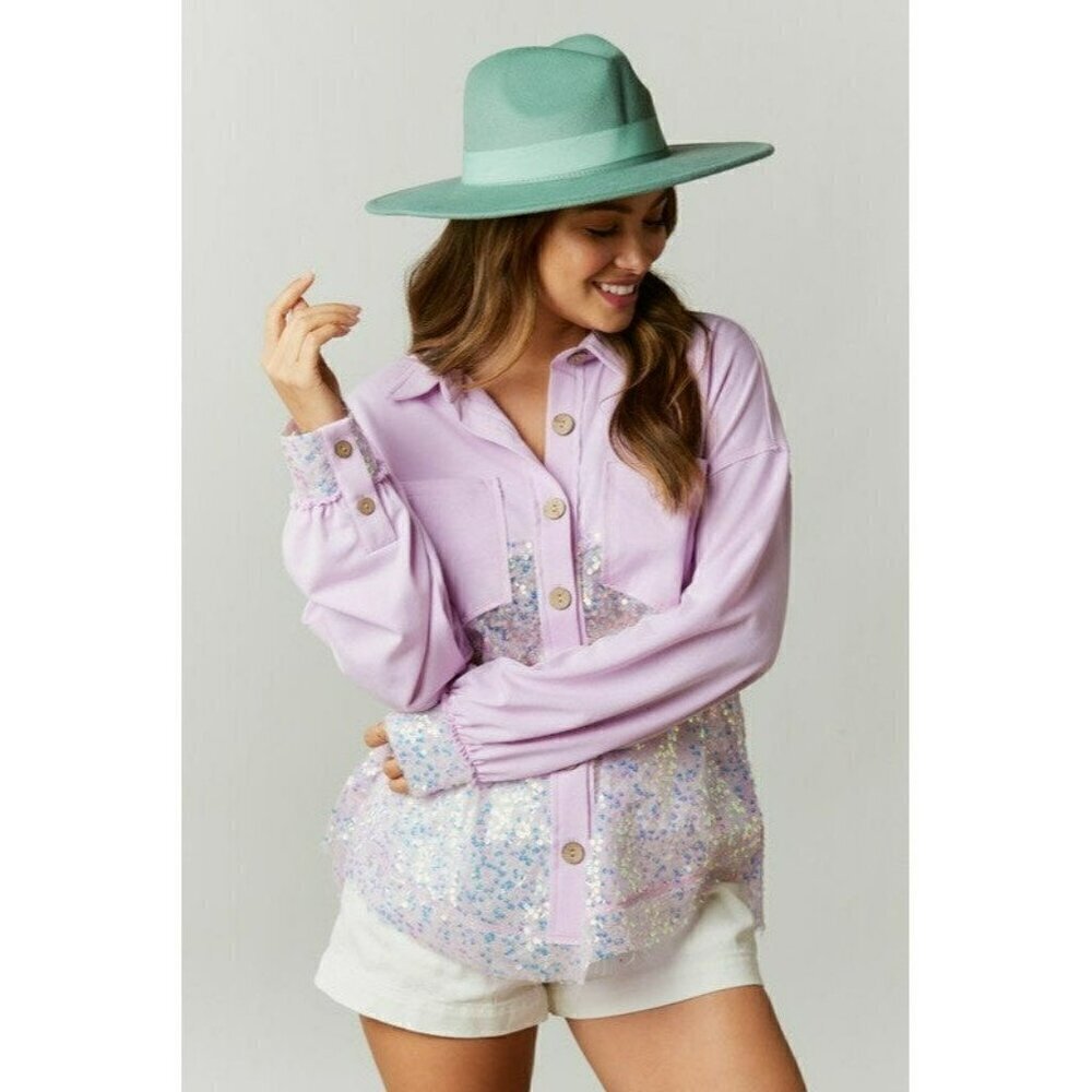All Things Bling Sequin Contrast Color Block Shacket in Lavender - Picture 4 of 8